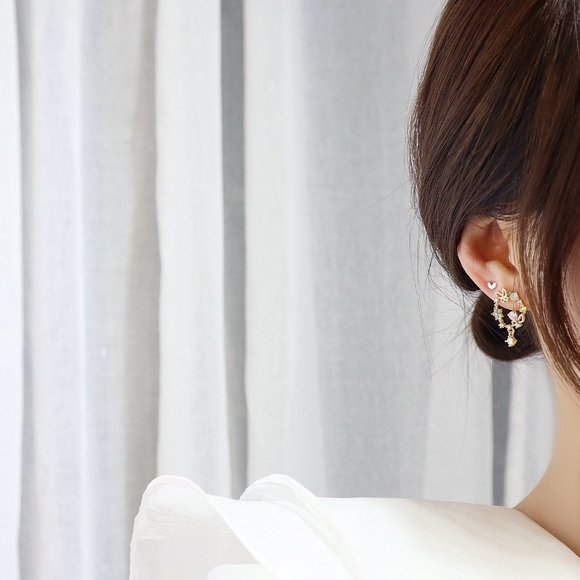 NEW 14K Gold Plated Diamond Flower Butterfly Circle Earrings - Picture 2 of 6